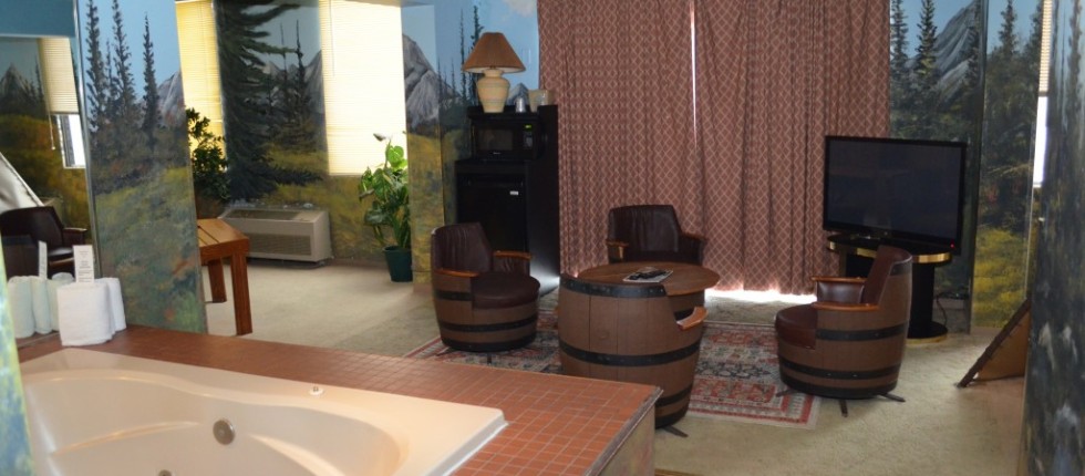Yee-Haw! This is the perfect family suite with two separate sleeping areas. The Wild West decorations will make you feel like you’ve stepped into an old western movie. You will love the covered wagon bed and a round teepee bed as well as the fiberglass whirlpool!